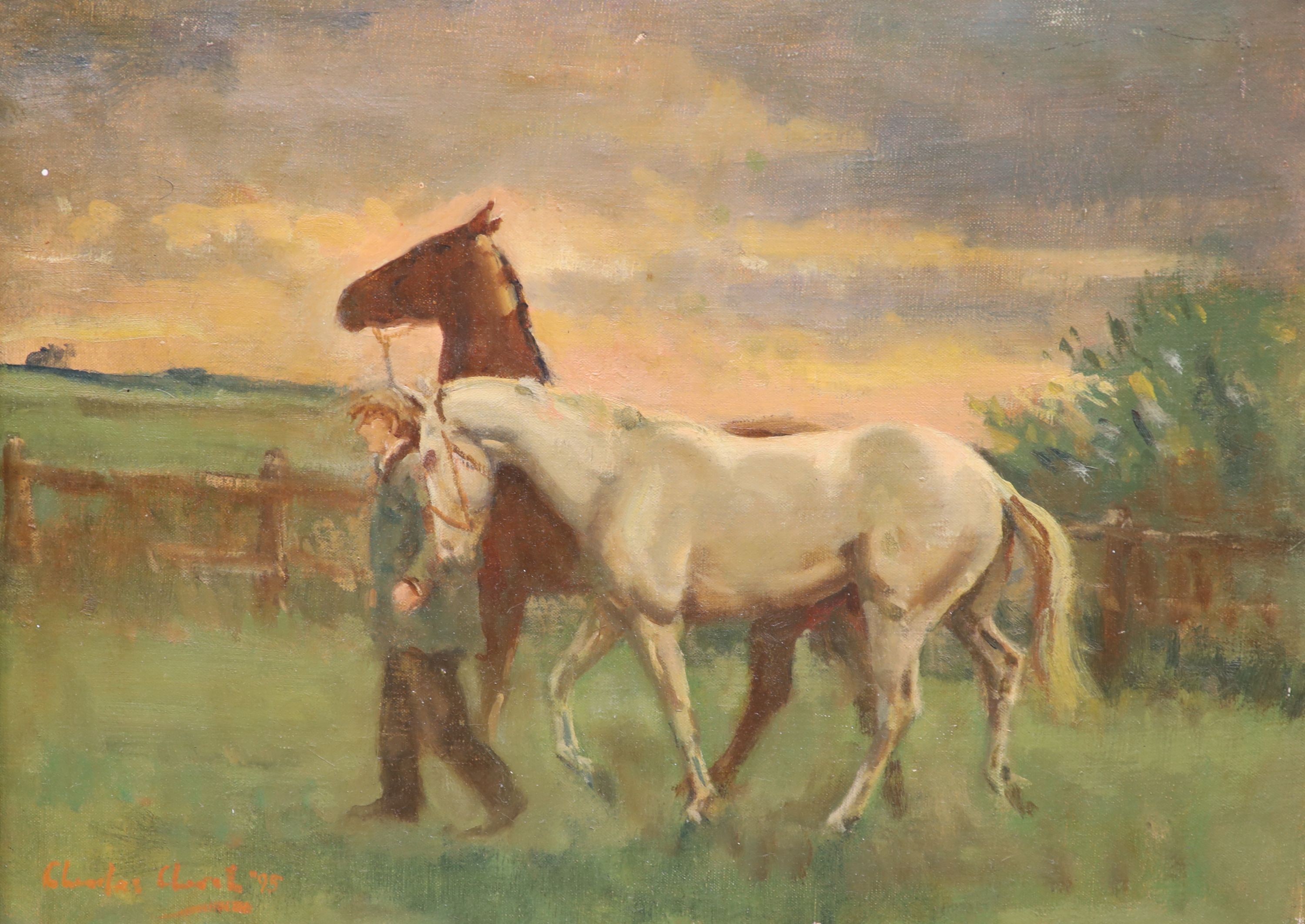 Charles Church (1970-), 'Race horses in a parade ring' and 'Race horses being led', two oils on canvas, both signed, the latter dated '95, 30 x 40cm.